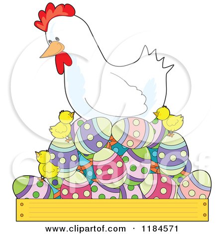 Cartoon of a White Hen Nesting on Easter Eggs, with Cute Chicks - Royalty Free Vector Clipart by Maria Bell