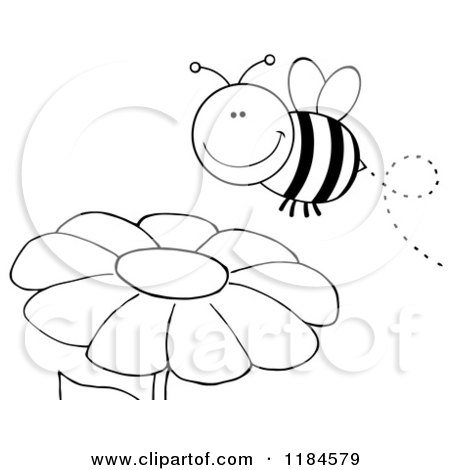 Cartoon of a Happy Black and White Bee over a Flower - Royalty Free Vector Clipart by Hit Toon