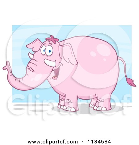 Cartoon of a Happy Pink Elephant over Blue - Royalty Free Vector Clipart by Hit Toon