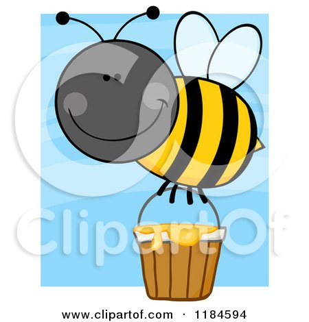 Cartoon of a Happy Bumble Bee with a Honey Bucket over Blue - Royalty Free Vector Clipart by Hit Toon