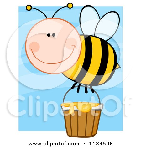 Cartoon of a Happy Bee with a Honey Bucket, over Blue - Royalty Free Vector Clipart by Hit Toon