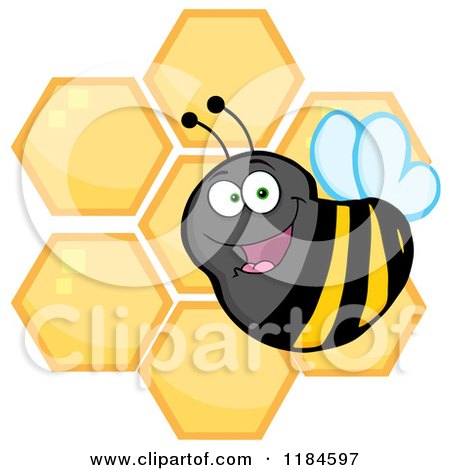 Cartoon of a Happy Bumble Bee over Honeycombs - Royalty Free Vector Clipart by Hit Toon