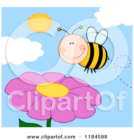 Cartoon of a Happy Bee over a Pink Flower - Royalty Free Vector Clipart by Hit Toon