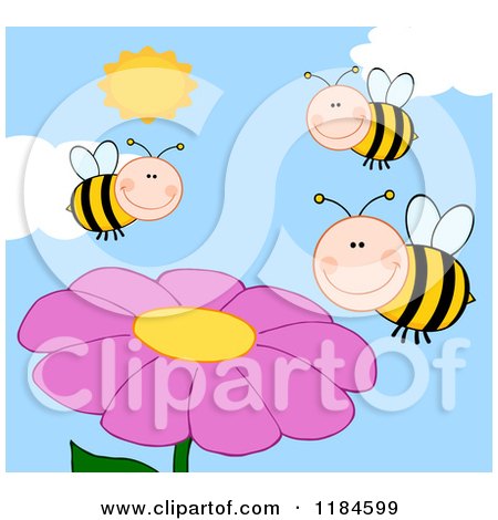 Cartoon of Happy Bees over Pink Flowers - Royalty Free Vector Clipart by Hit Toon