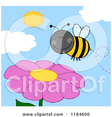 Cartoon of a Happy Bumble Bee over a Pink Flower - Royalty Free Vector Clipart by Hit Toon