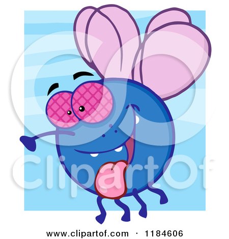 Cartoon of a Happy Fly Hanging Its Tongue Out, over Blue - Royalty Free Vector Clipart by Hit Toon