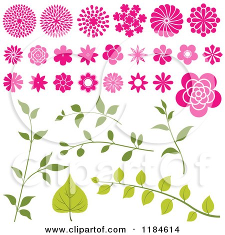 Clipart of a Pink Flower Heads and Green Leafy Stems - Royalty Free Vector Illustration by dero