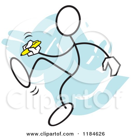 Cartoon of a Stickler Man Writing a Footnote, over Blue - Royalty Free Vector Clipart by Johnny Sajem