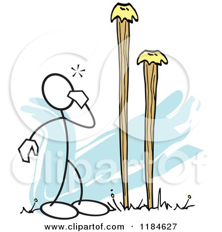 Cartoon of a Stickler Man Looking at High Stakes, over Blue - Royalty Free Vector Clipart by Johnny Sajem