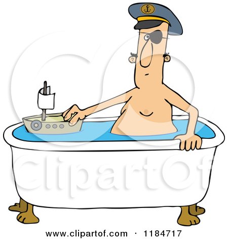 Cartoon of a Man Playing Sea Captain with a Boat in a Bath Tub - Royalty Free Vector Clipart by djart