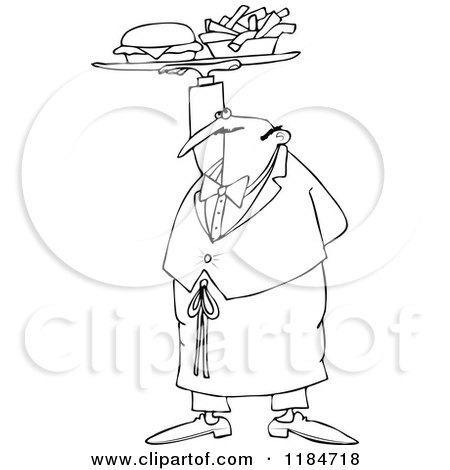 Cartoon of an Outlined Male Waiter Serving a Gourmet Cheeseburger and Fries - Royalty Free Vector Clipart by djart