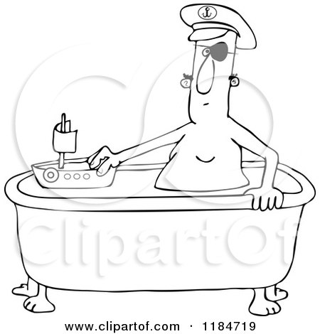 Cartoon of an Outlined Man Playing Sea Captain with a Boat in a Bath Tub - Royalty Free Vector Clipart by djart