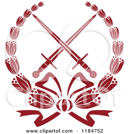 Clipart of a Heraldic Red Laurel Wreath Around Crossed Swords - Royalty Free Vector Illustration by Vector Tradition SM