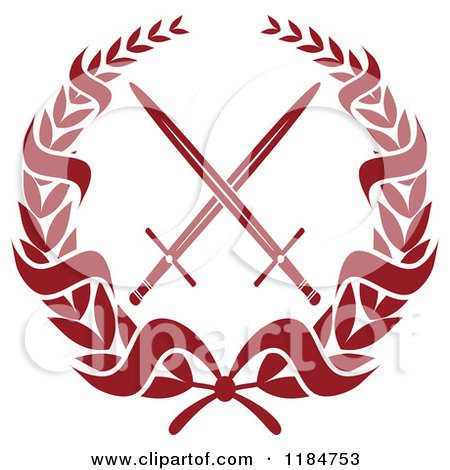 Clipart of a Heraldic Red Laurel Wreath Around Crossed Swords 2 - Royalty Free Vector Illustration by Vector Tradition SM