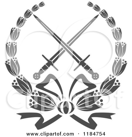 Clipart of a Heraldic Grayscale Laurel Wreath Around Crossed Swords - Royalty Free Vector Illustration by Vector Tradition SM