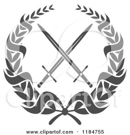 Clipart of a Heraldic Grayscale Laurel Wreath Around Crossed Swords 2 - Royalty Free Vector Illustration by Vector Tradition SM