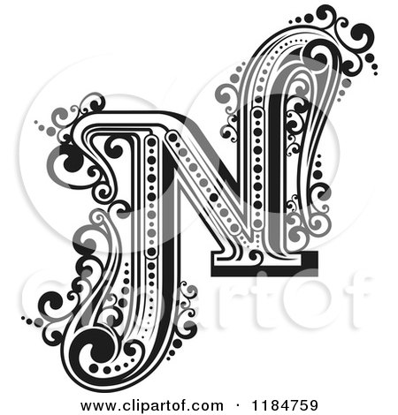 Clipart of a Vintage Letter N in Black and White - Royalty Free Vector Illustration by Vector Tradition SM