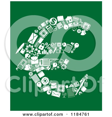Clipart of a Euro Currency Symbol Formed of White Business Icons, on Green - Royalty Free Vector Illustration by Vector Tradition SM