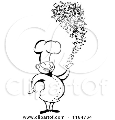Clipart of a Happy Black and White Chef with Music Notes - Royalty Free Vector Illustration by Vector Tradition SM