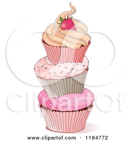 Cartoon of a Tower of Three Cupcakes Topped with a Strawberry - Royalty Free Vector Clipart by Pushkin