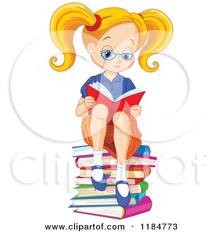 Blond School Girl with Pig Tails, Reading on a Stack of Books Posters, Art Prints