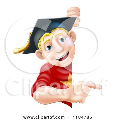 Cartoon of a Happy Blond Graduate Man Pointing to a Sign - Royalty Free Vector Clipart by AtStockIllustration