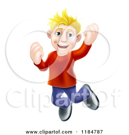 Cartoon of a Happy Casual Blond Man Jumping and Cheering - Royalty Free Vector Clipart by AtStockIllustration