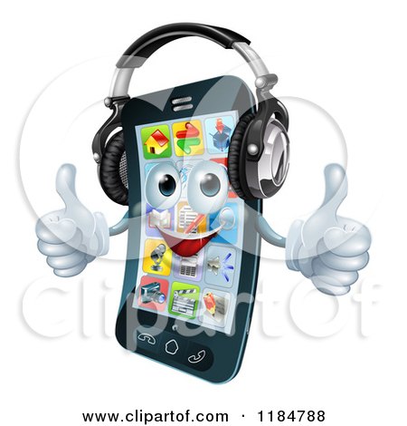 Cartoon of a Pleased Smart Phone Holding Two Thumbs up and Wearing Headphones - Royalty Free Vector Clipart by AtStockIllustration