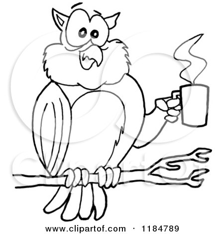 Cartoon of an Outlined Tired Perched Owl Holding a Coffee Cup - Royalty Free Vector Clipart by LaffToon