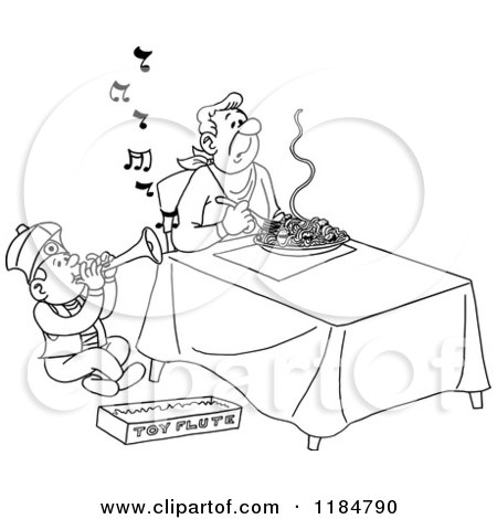 Cartoon of an Outlined Boy Playing a Toy Flute for a Man Eating Spaghetti - Royalty Free Vector Clipart by LaffToon