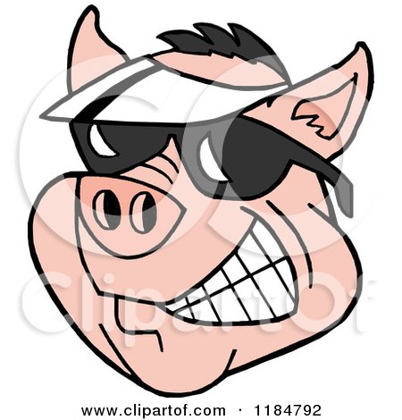Cartoon of a Grinning Pig Wearing a White Sun Visor Hat and Sunglasses - Royalty Free Vector Clipart by LaffToon