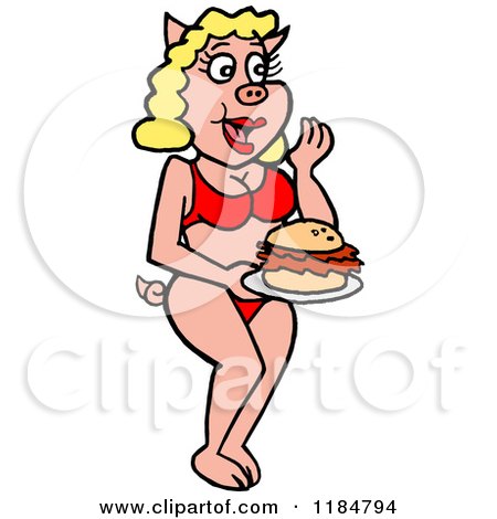 Cartoon of a Blond Female Pig in a Bikini, Holding a Pulled Pork Sandwich - Royalty Free Vector Clipart by LaffToon