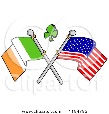 Cartoon of a Shamrock over Crossed Irish and American Flags - Royalty Free Vector Clipart by LaffToon