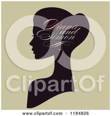 Clipart of a Silhouetted Woman's Head with Bride and Groom Sample Text on Tan - Royalty Free Vector Illustration by elena
