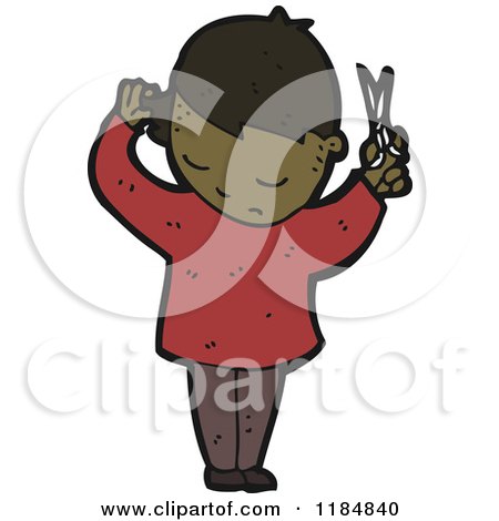 Cartoon of an African American Boy Cutting His Hair - Royalty Free Vector Illustration by lineartestpilot