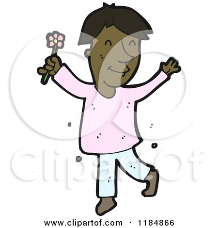 Cartoon of an African American Boy Holding a Flower - Royalty Free Vector Illustration by lineartestpilot