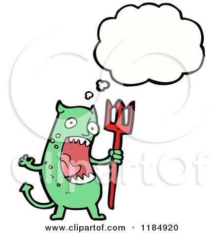 Cartoon of a Demon with a Pitchfork Thinking - Royalty Free Vector Illustration by lineartestpilot