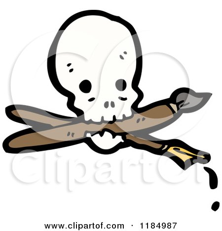 Cartoon of a Skull with a Pen and Paintbrush in It's Mouth - Royalty Free Vector Illustration by lineartestpilot
