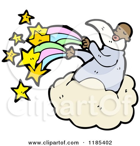 Cartoon of an African American God in the Heavens with Stars and a Rainbow - Royalty Free Vector Illustration by lineartestpilot