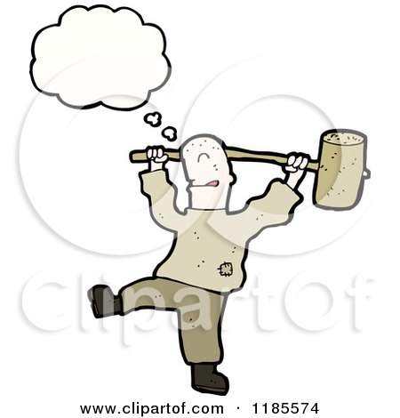 Cartoon of a Man with a Large Mallet Thinking - Royalty Free Vector Illustration by lineartestpilot
