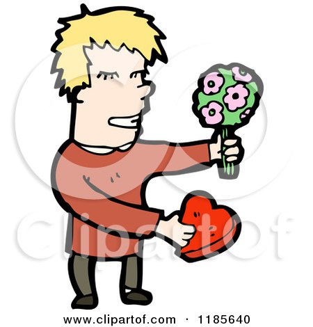 Cartoon of a Man in Love with Flowers and Chocolates, - Royalty Free Vector Illustration by lineartestpilot