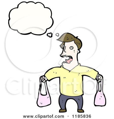 Cartoon of a Man Holding Two Purses Thinking - Royalty Free Vector Illustration by lineartestpilot
