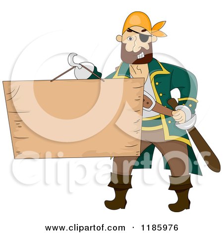 Cartoon of a Male Pirate Holding a Wood Sign on His Hook Hand - Royalty Free Vector Clipart by BNP Design Studio