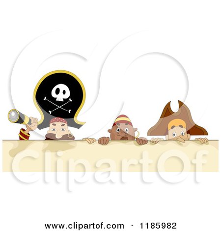 Cartoon of a Pirate Captain and Men with a Spyglass over a Sign - Royalty Free Vector Clipart by BNP Design Studio