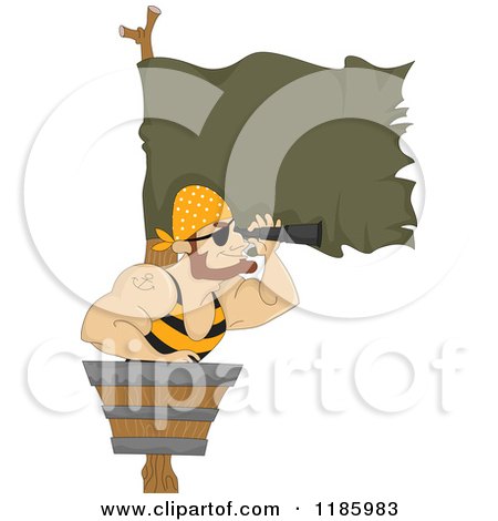 Cartoon of a Pirate Using a Spyglass In A Crows Nest - Royalty Free Vector Clipart by BNP Design Studio