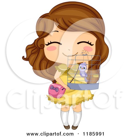 Cartoon of a Cute Brunette Girl Holding up Her Bird Cage - Royalty Free Vector Clipart by BNP Design Studio