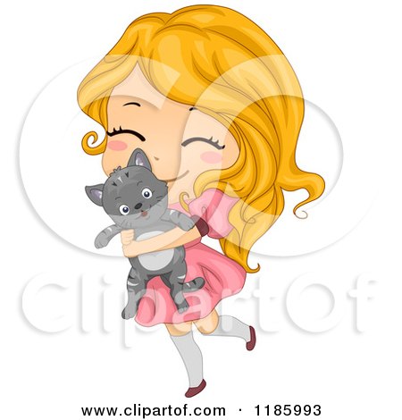 Cartoon of a Cute Blond Girl Hugging Her Cat - Royalty Free Vector Clipart by BNP Design Studio
