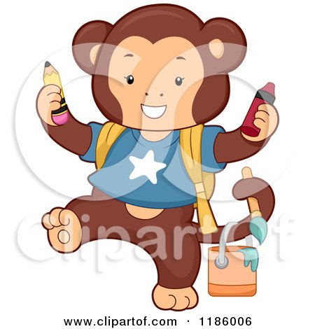 Cartoon of a Student Monkey with Art Supplies - Royalty Free Vector Clipart by BNP Design Studio