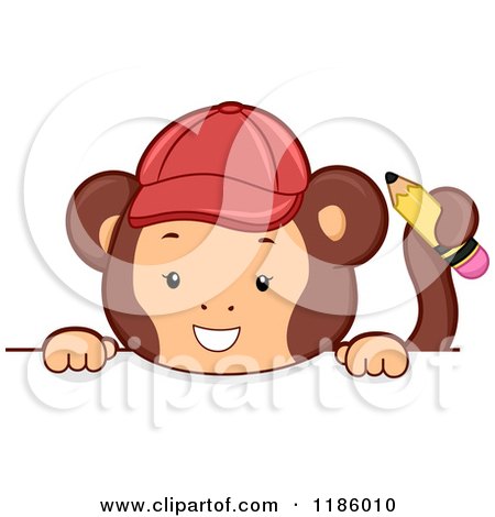 Cartoon of a Student Monkey with a Pencil over a Sign - Royalty Free Vector Clipart by BNP Design Studio