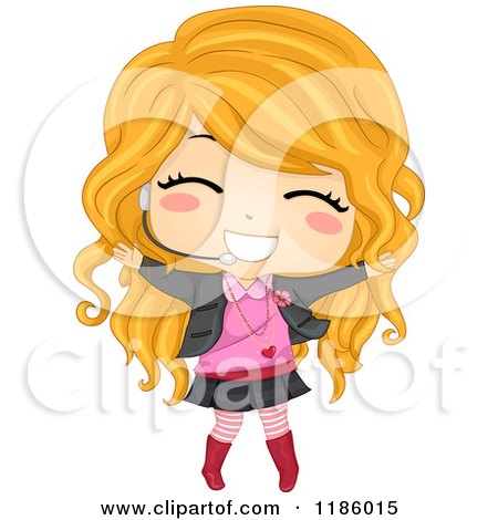 Cartoon of a Blond Pop Star Girl Singing into a Headset Microphone - Royalty Free Vector Clipart by BNP Design Studio